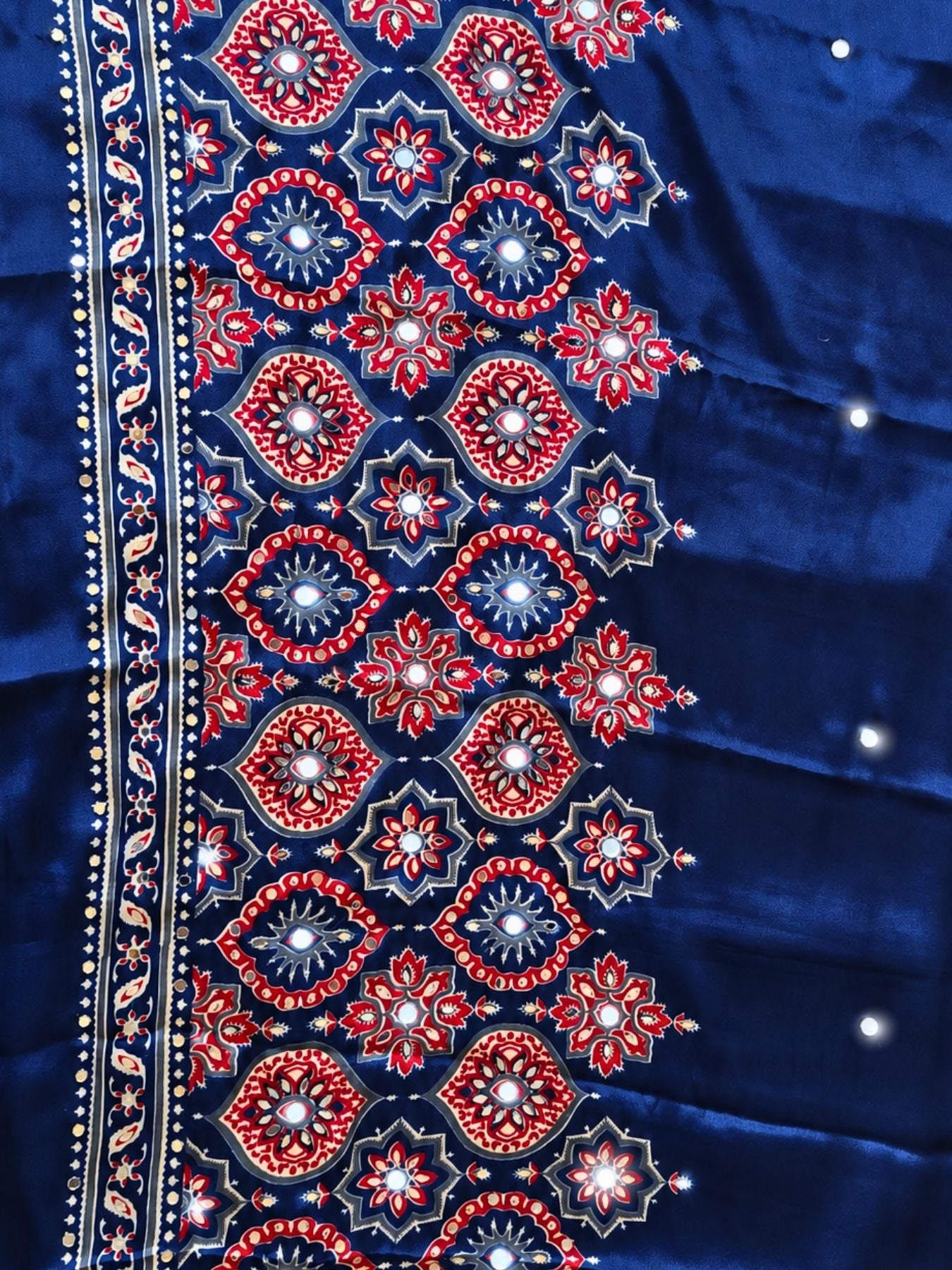 Ajrakh Crepe Silk Mirror Work Saree