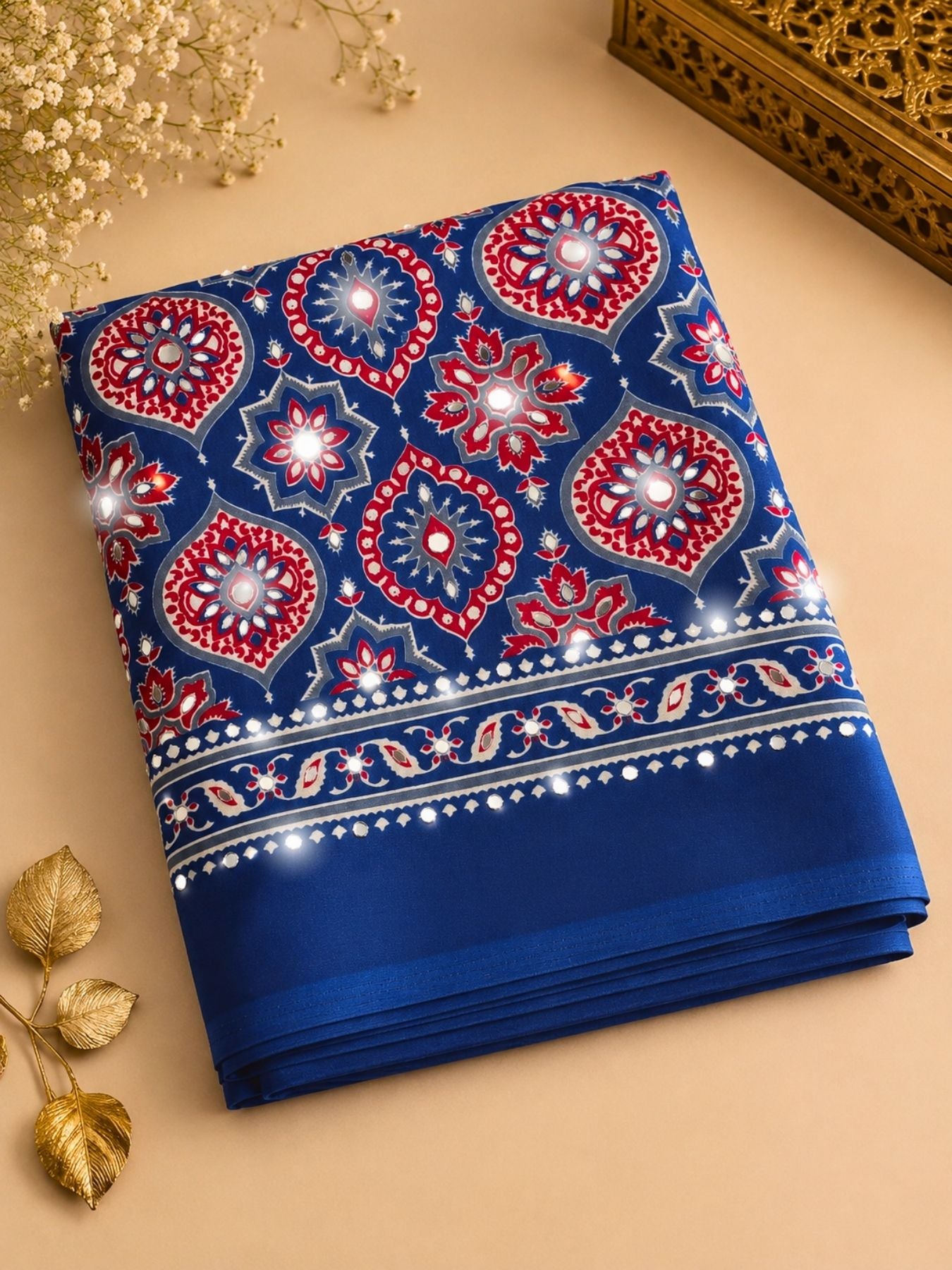 Ajrakh Crepe Silk Mirror Work Saree
