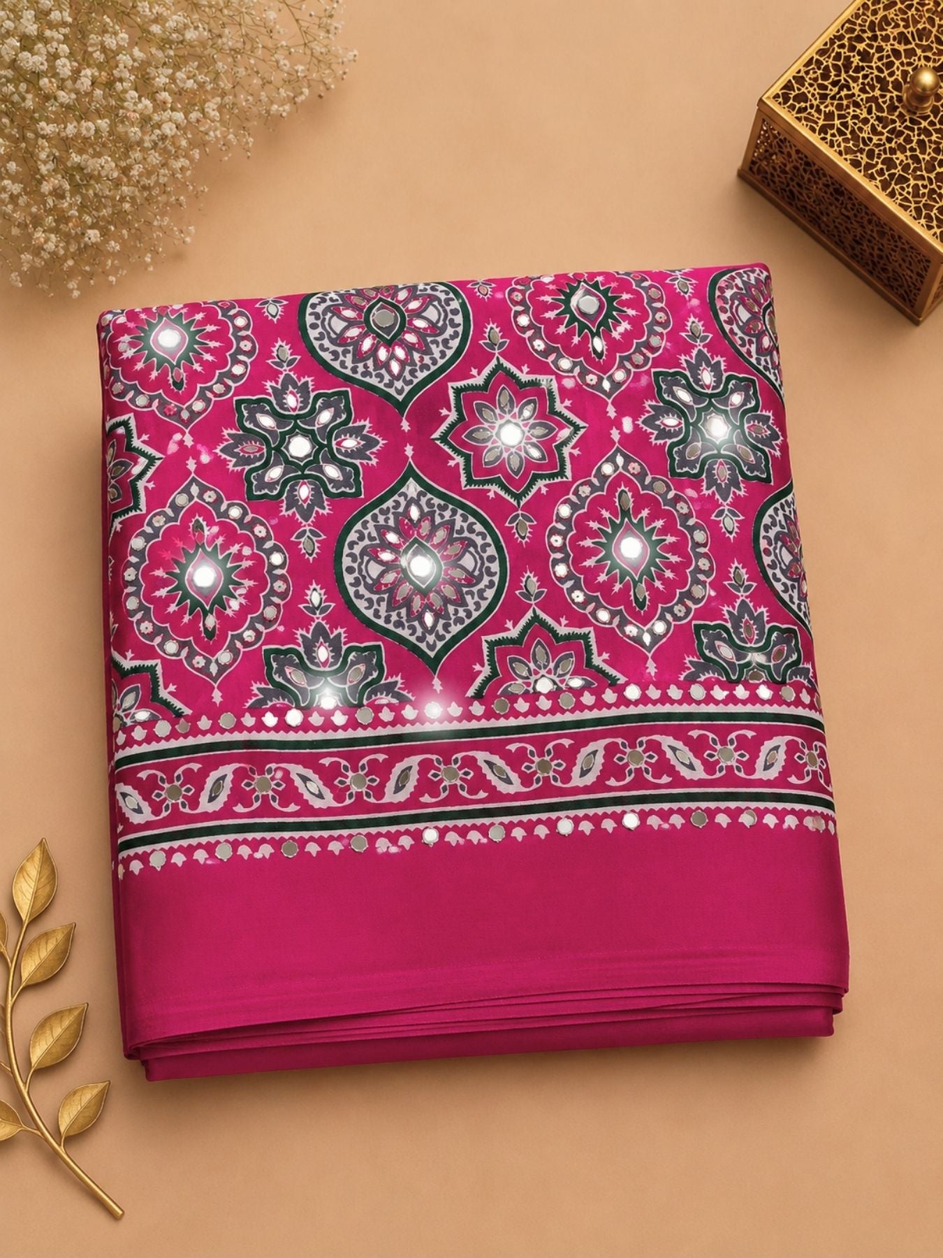 Ajrakh Crepe Silk Mirror Work Saree