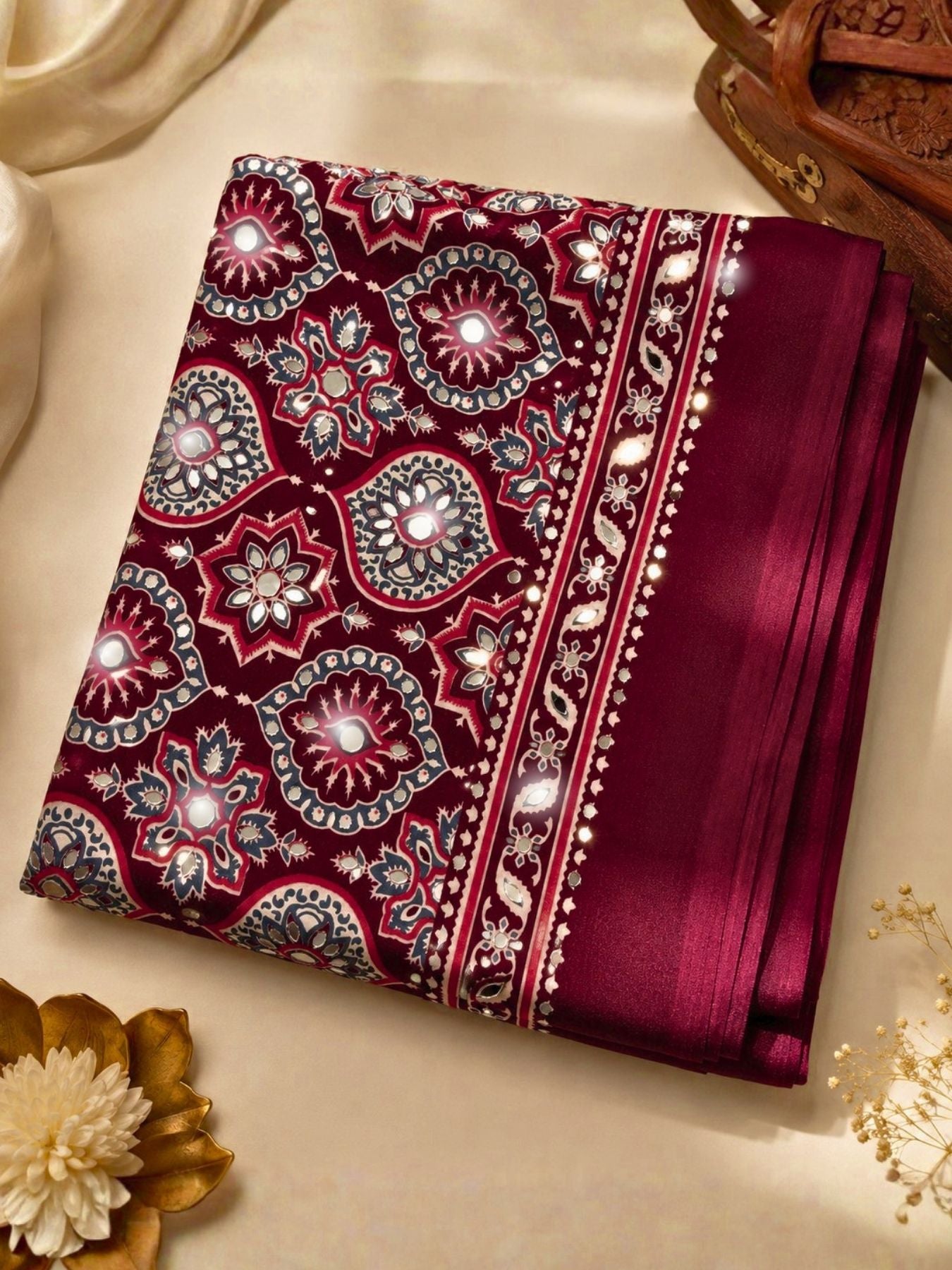 Ajrakh Crepe Silk Mirror Work Saree