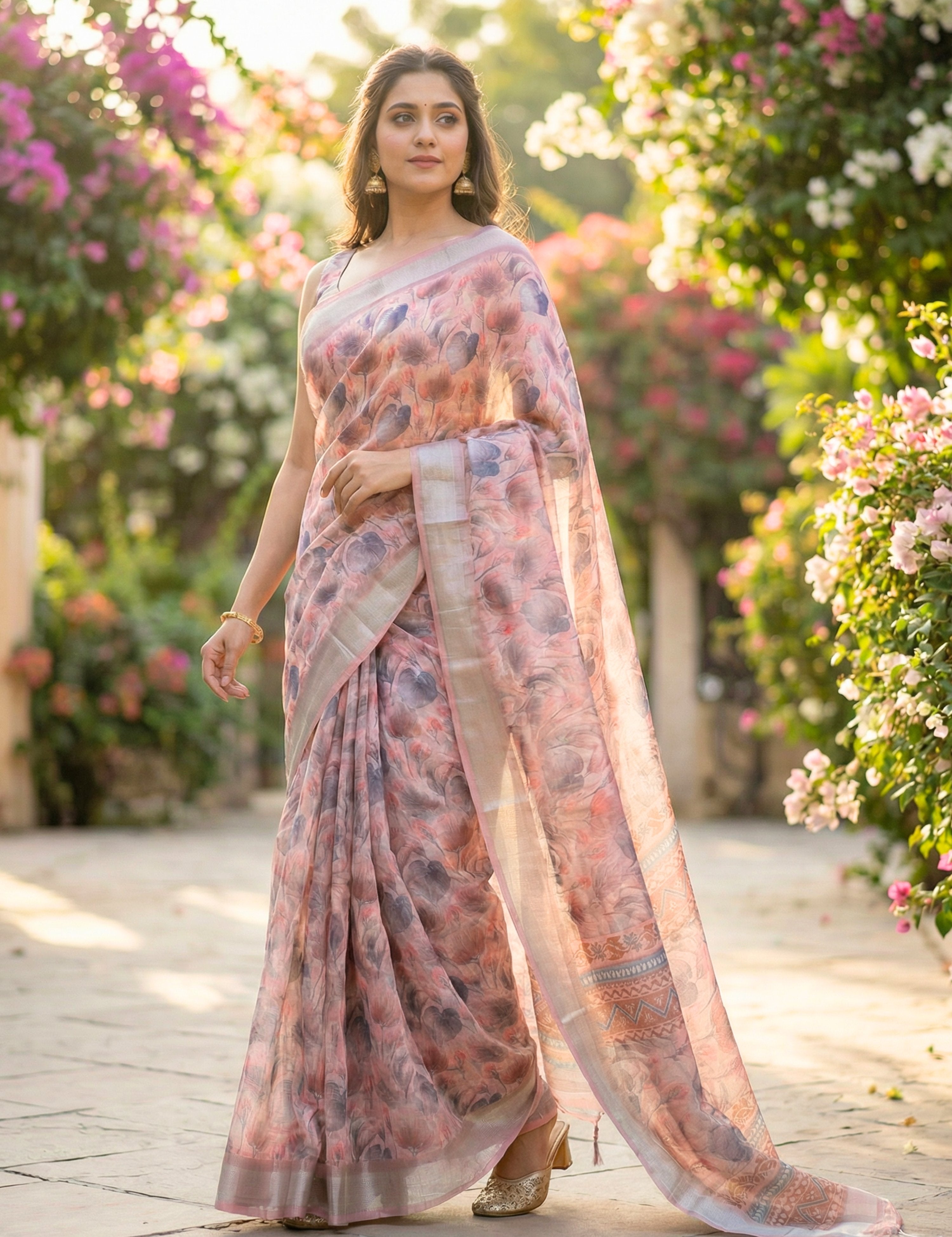 Floral Linen Blend Saree