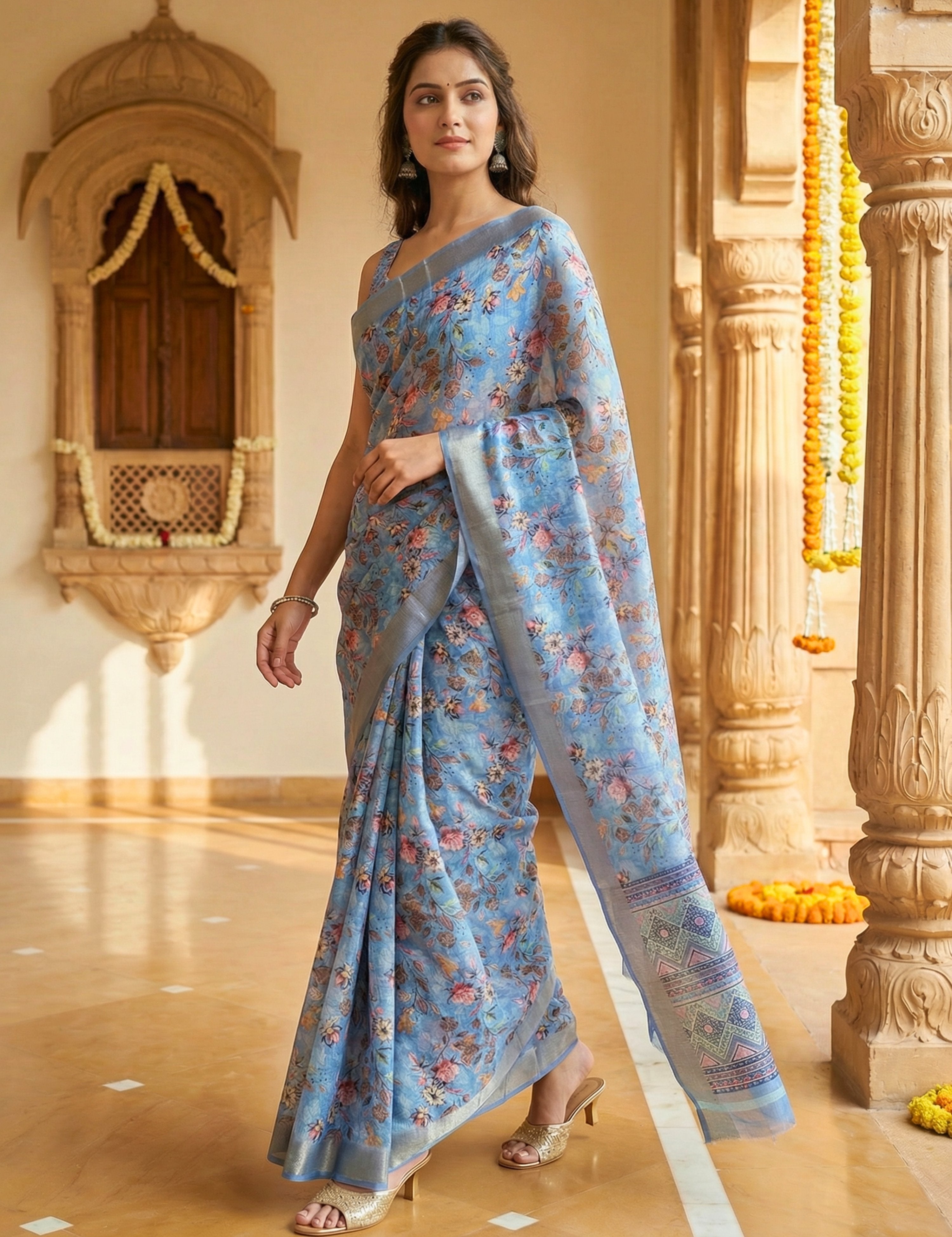 Floral Linen Blend Saree