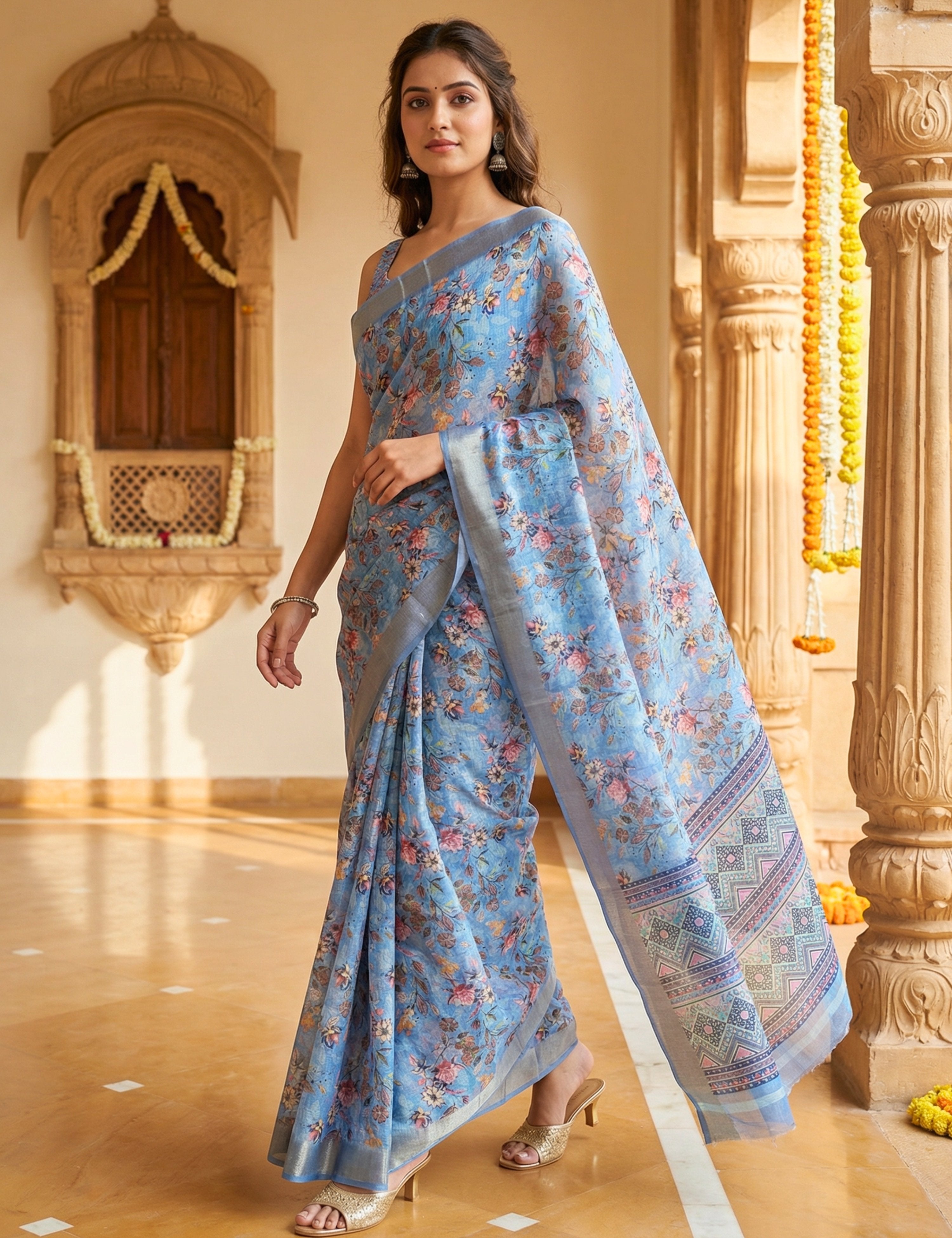 Floral Linen Blend Saree