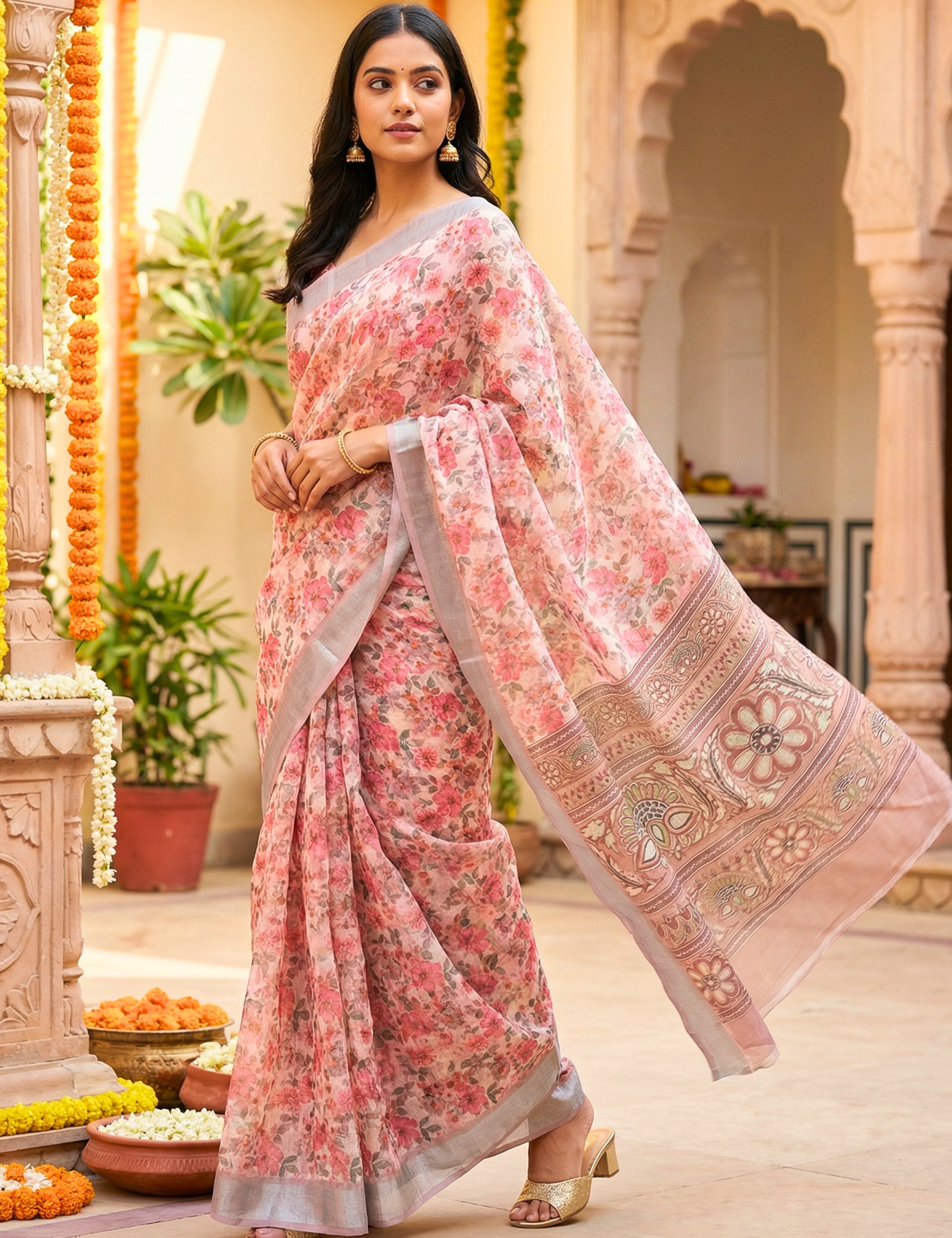 Floral Linen Blend Saree