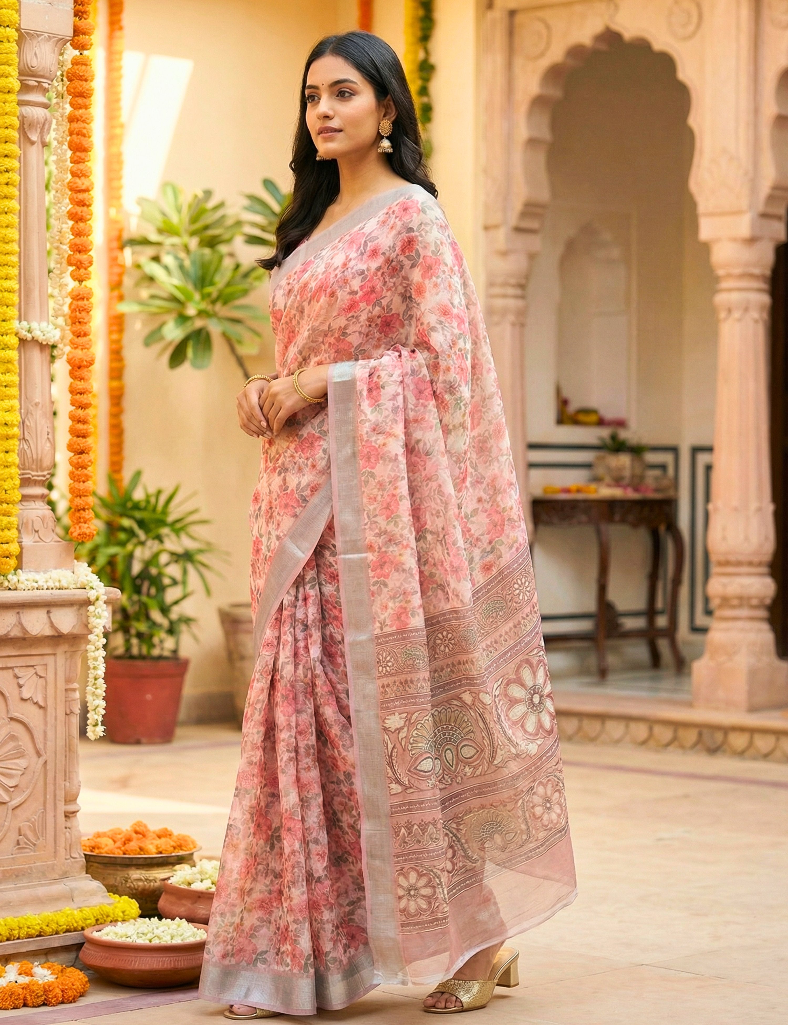 Floral Linen Blend Saree