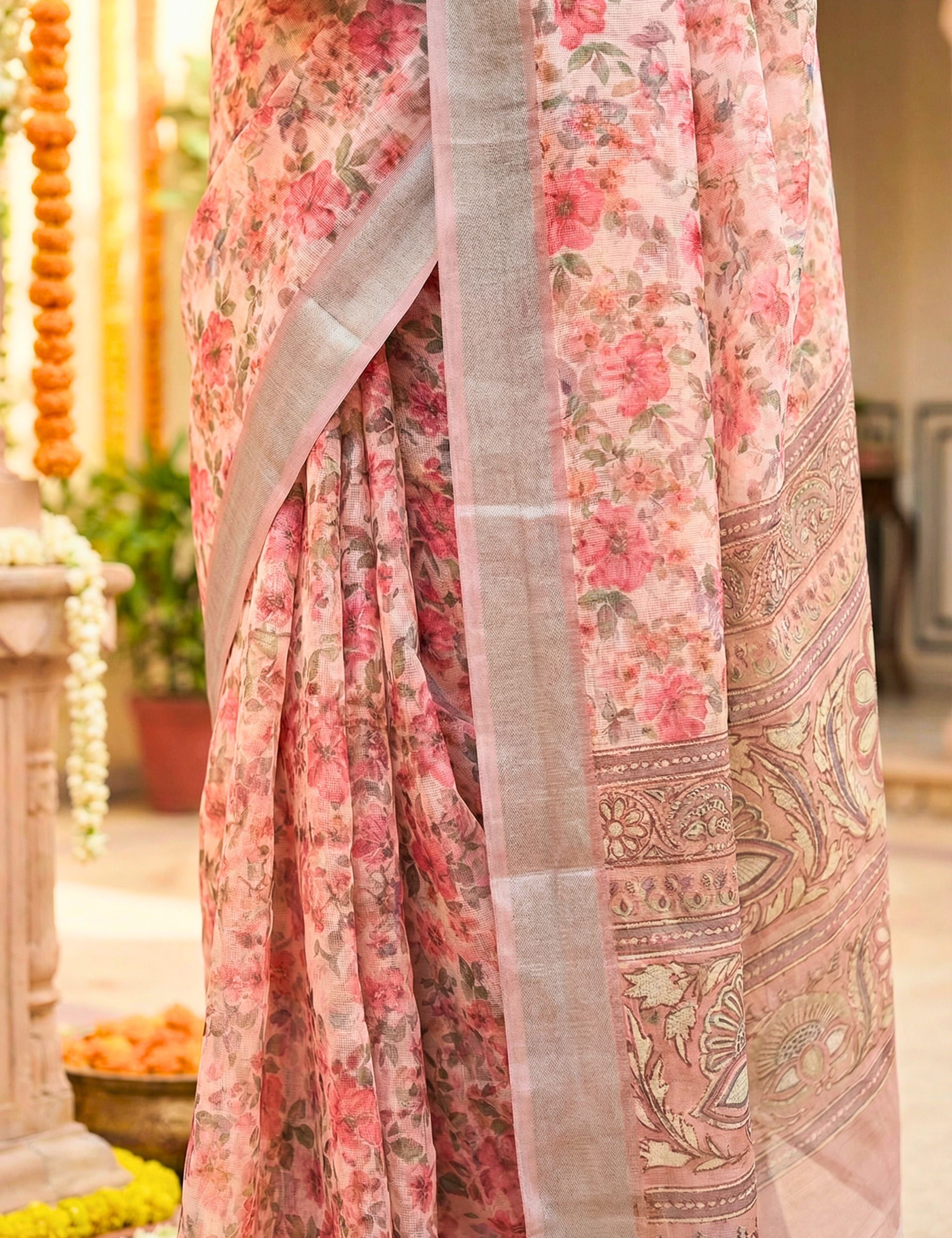 Floral Linen Blend Saree