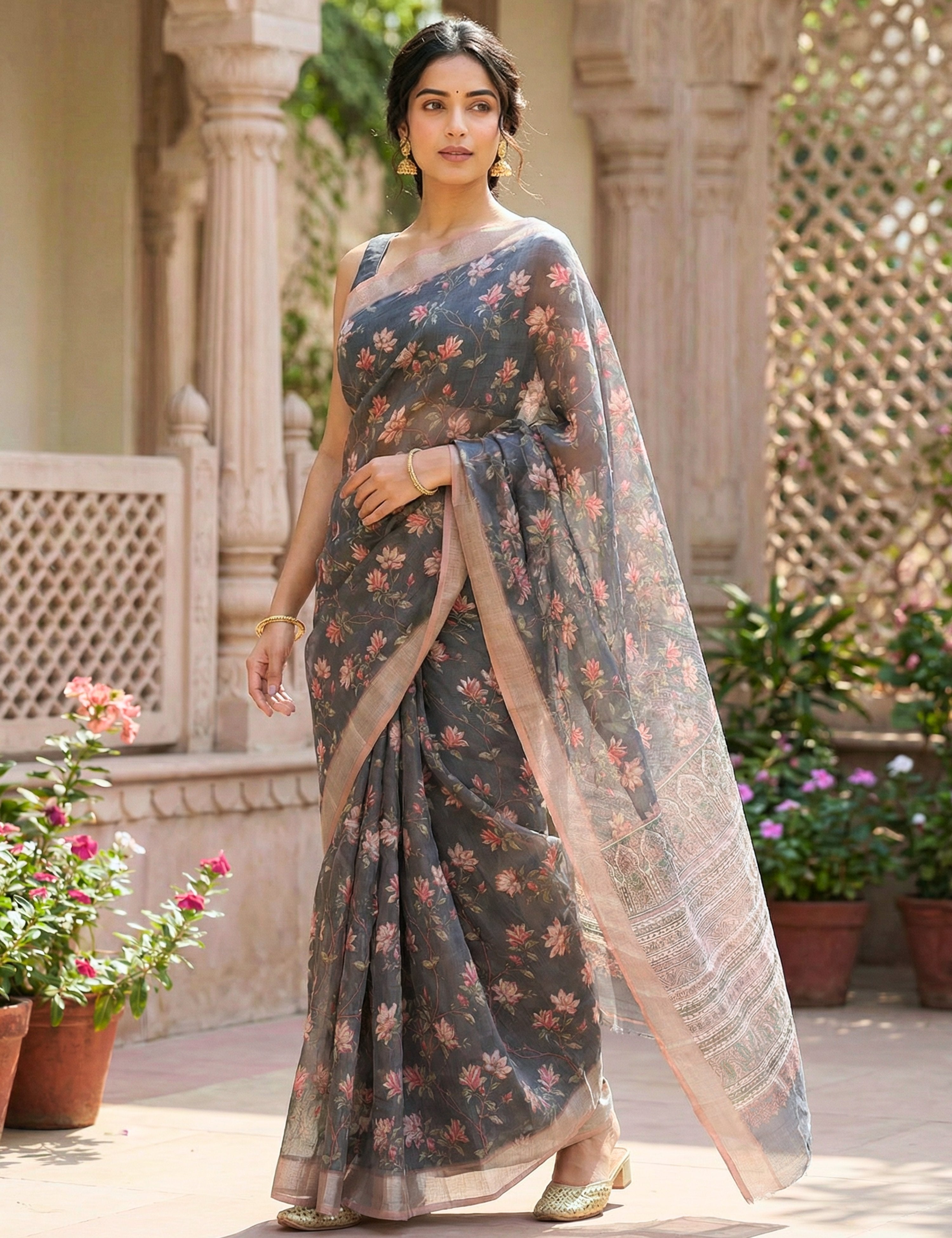 Floral Linen Blend Saree