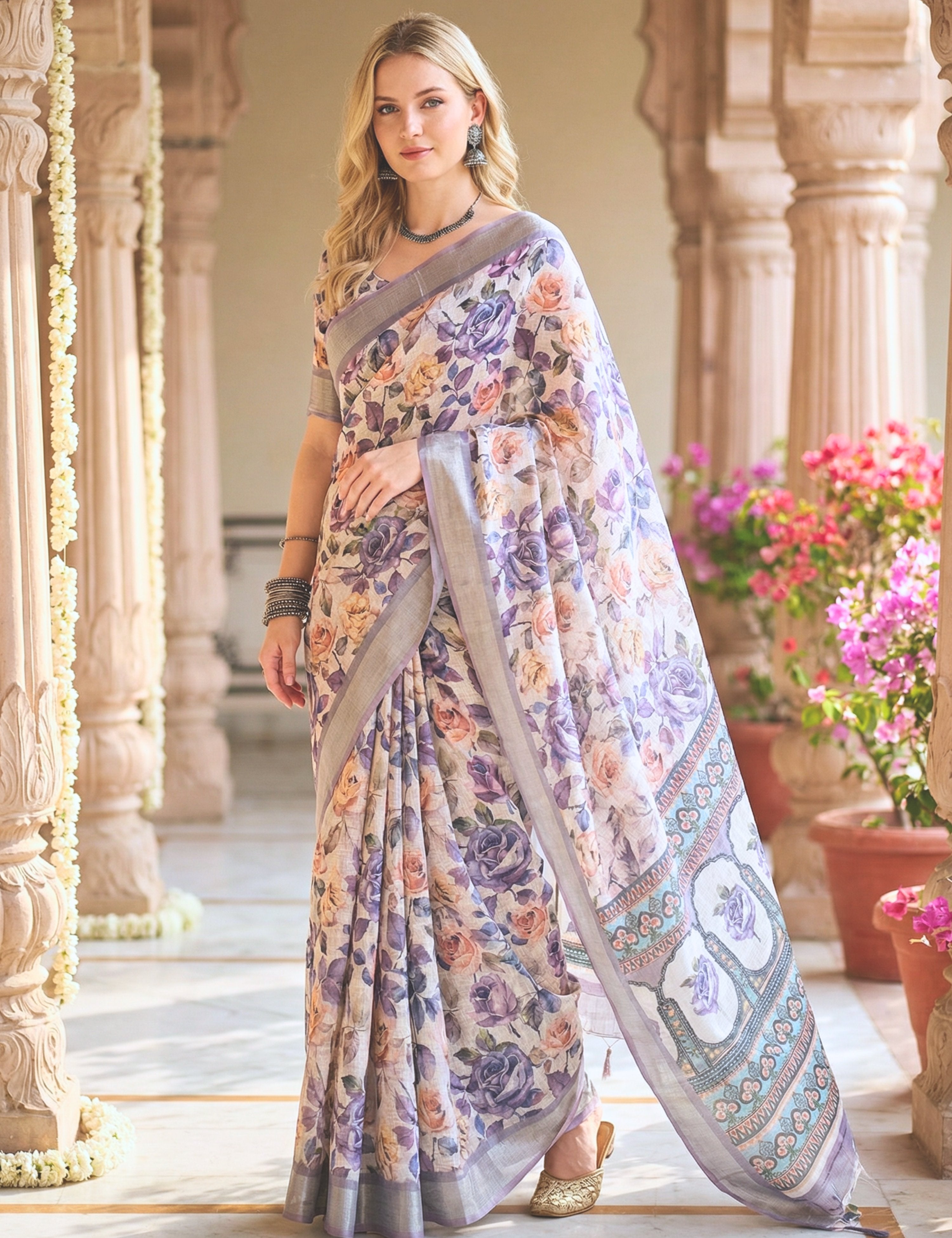 Floral Linen Blend Saree