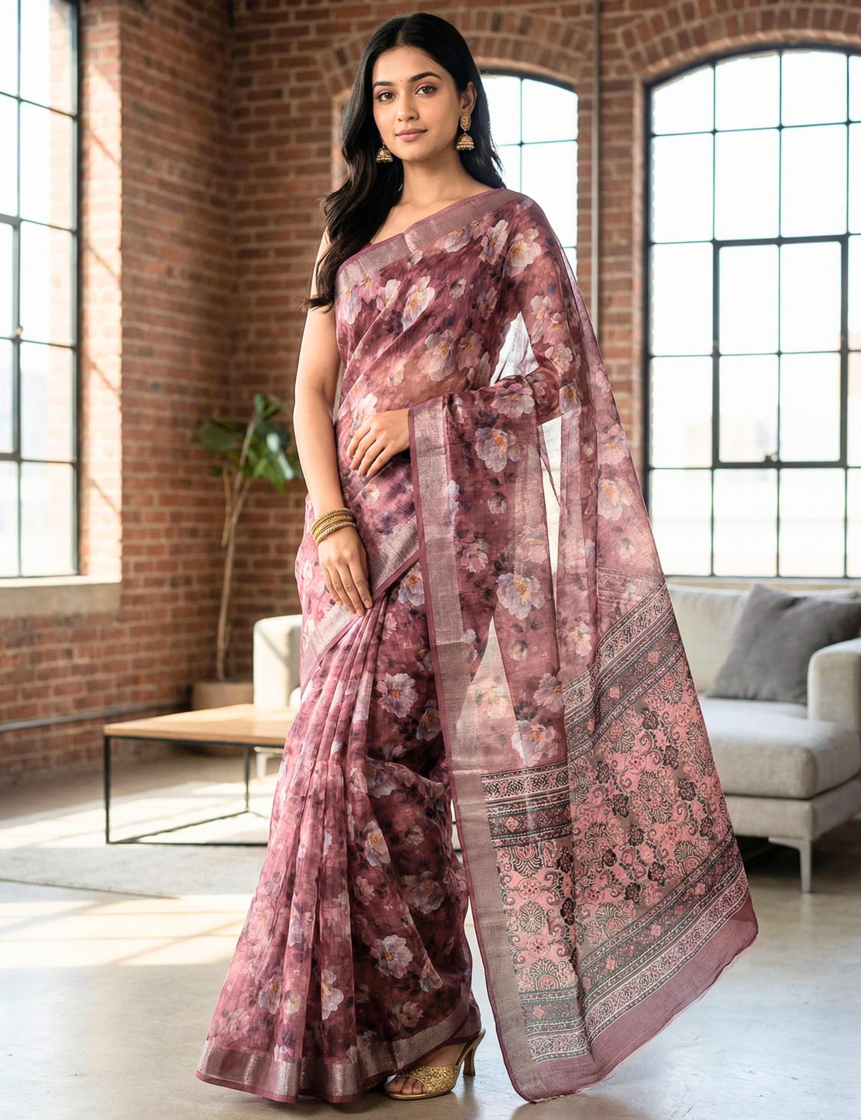 Floral Linen Blend Saree