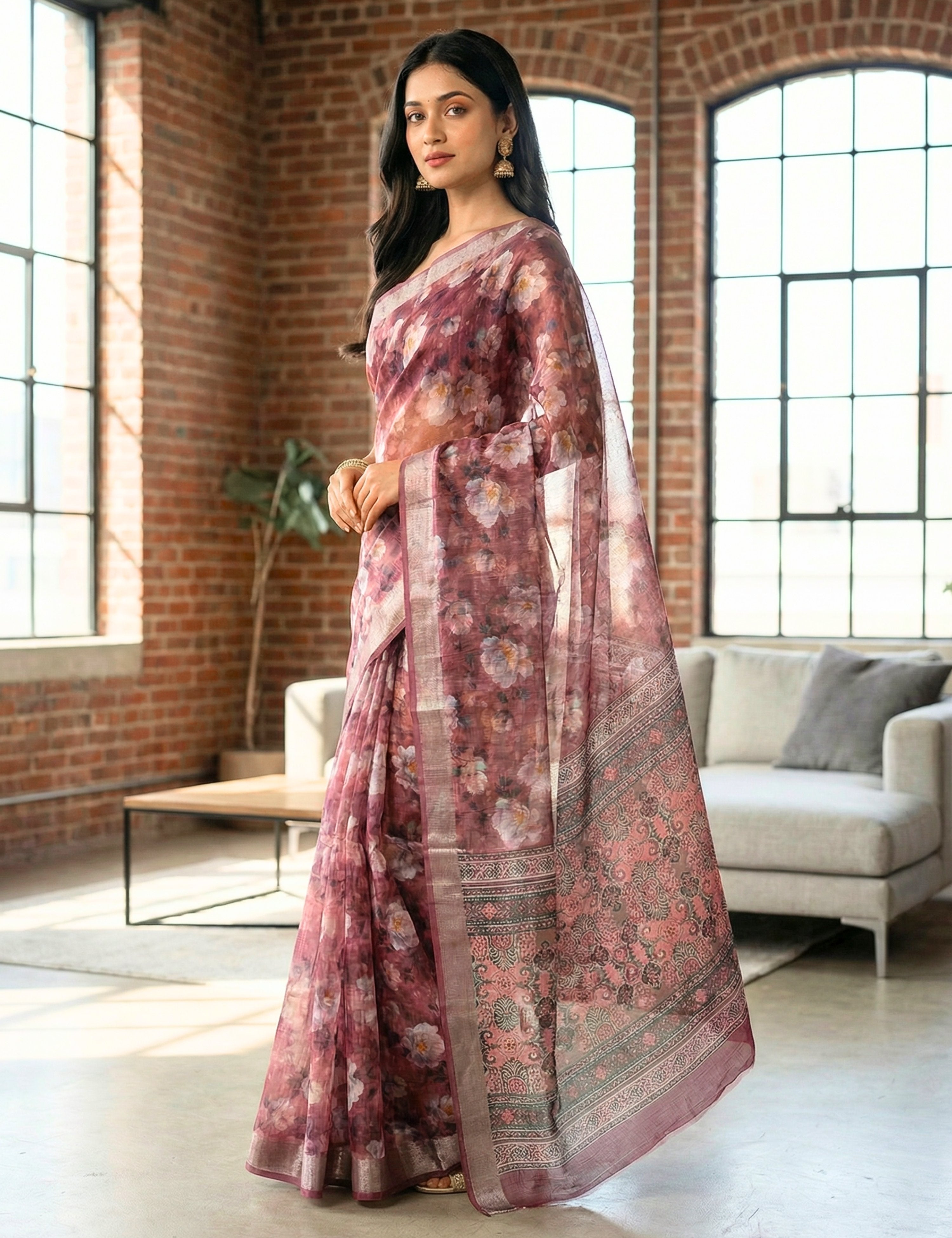 Floral Linen Blend Saree