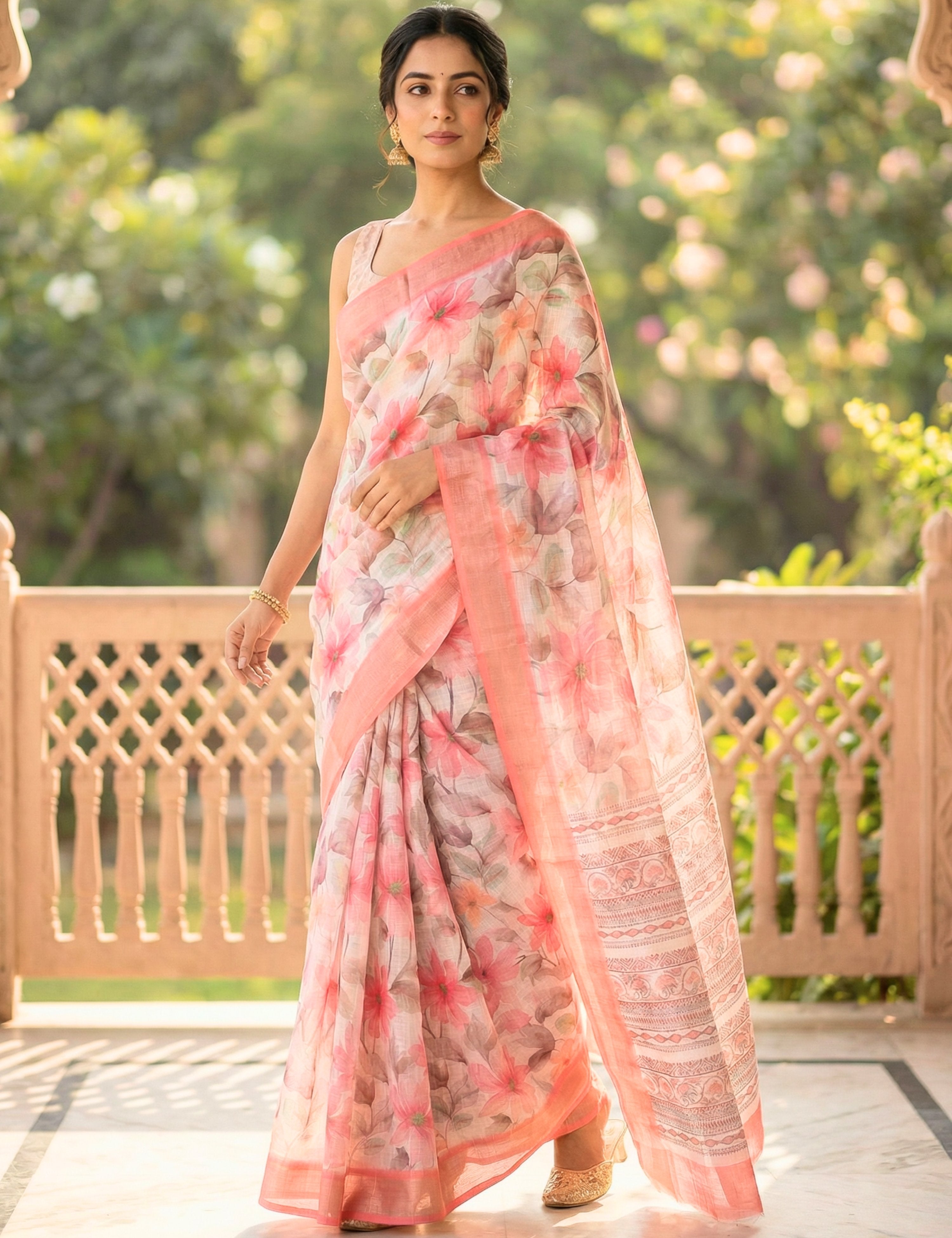 Floral Linen Blend Saree
