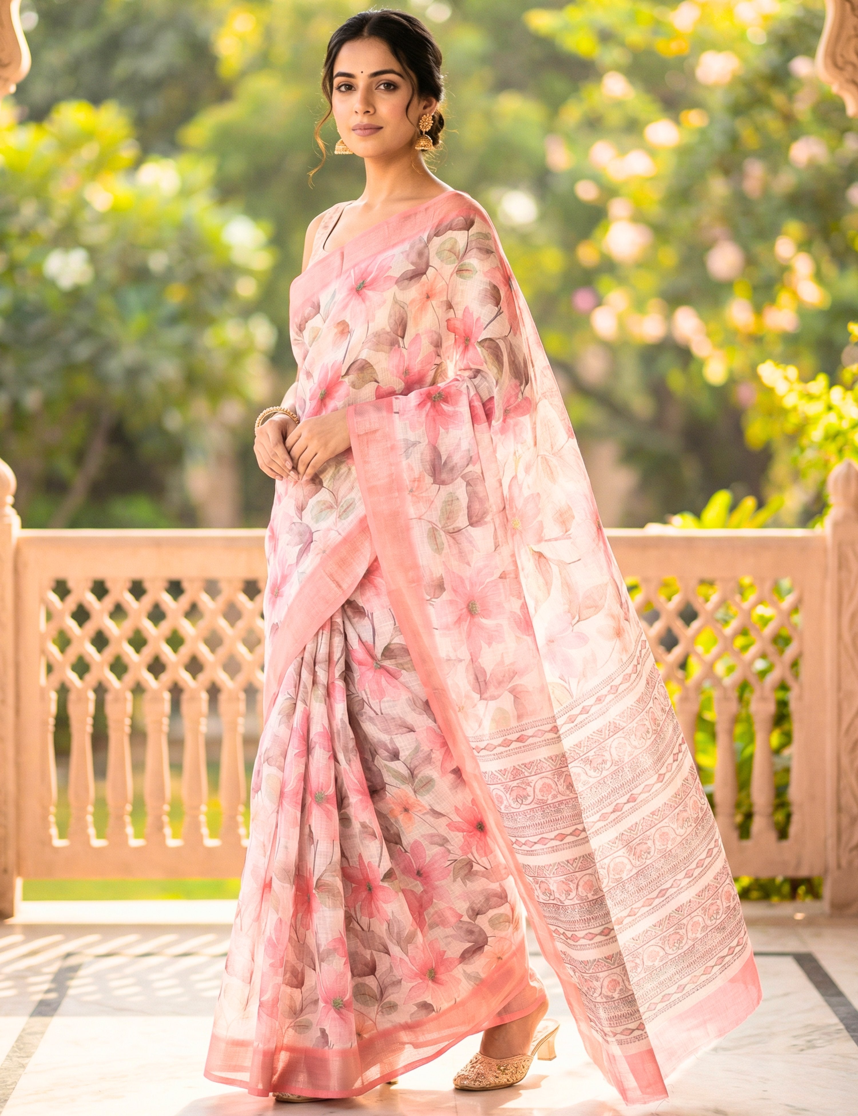 Floral Linen Blend Saree