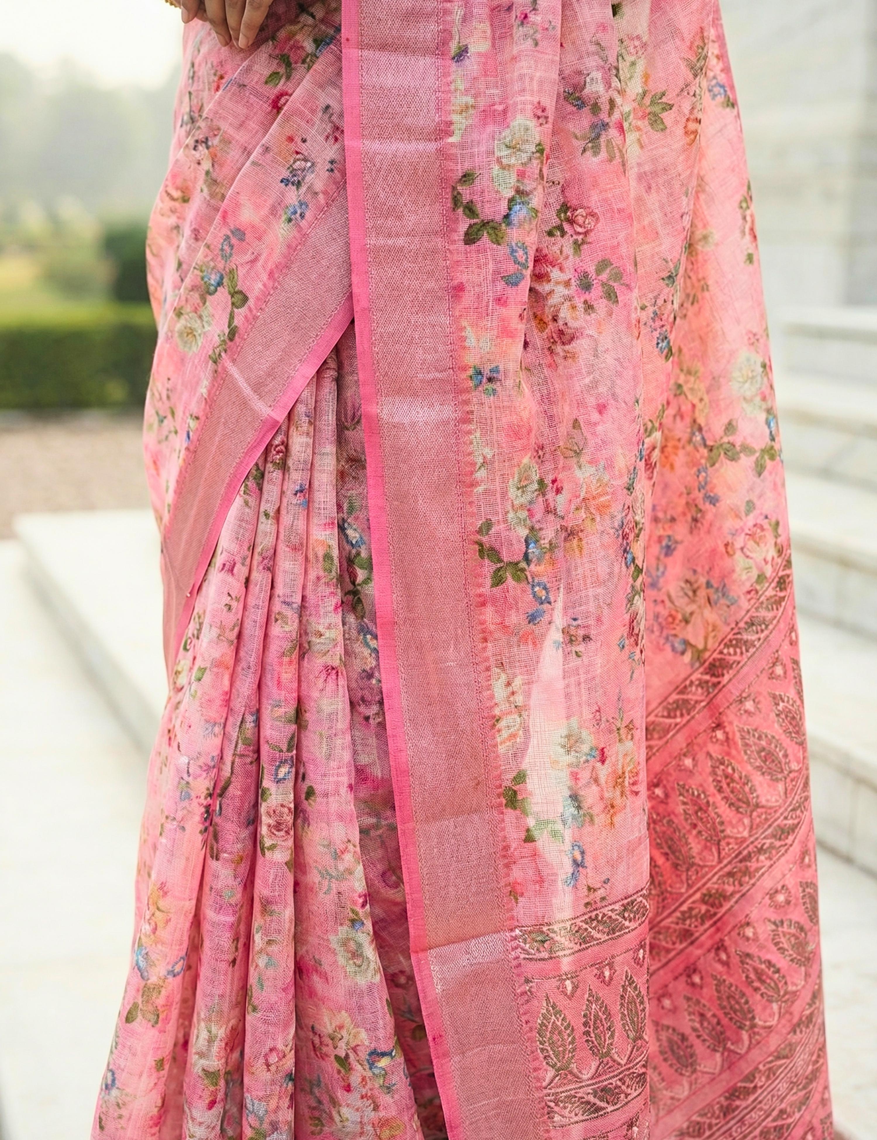 Floral Linen Blend Saree