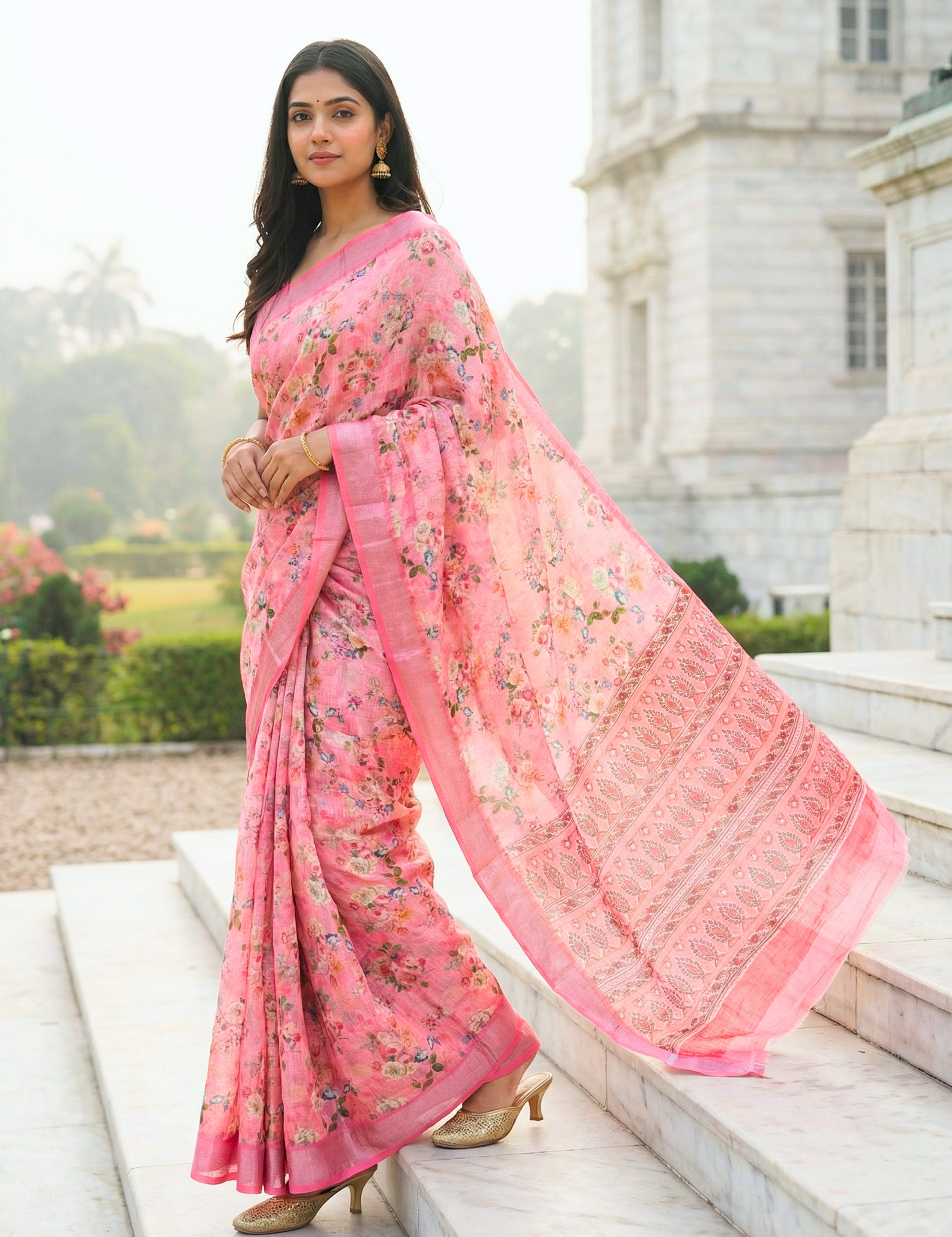 Floral Linen Blend Saree
