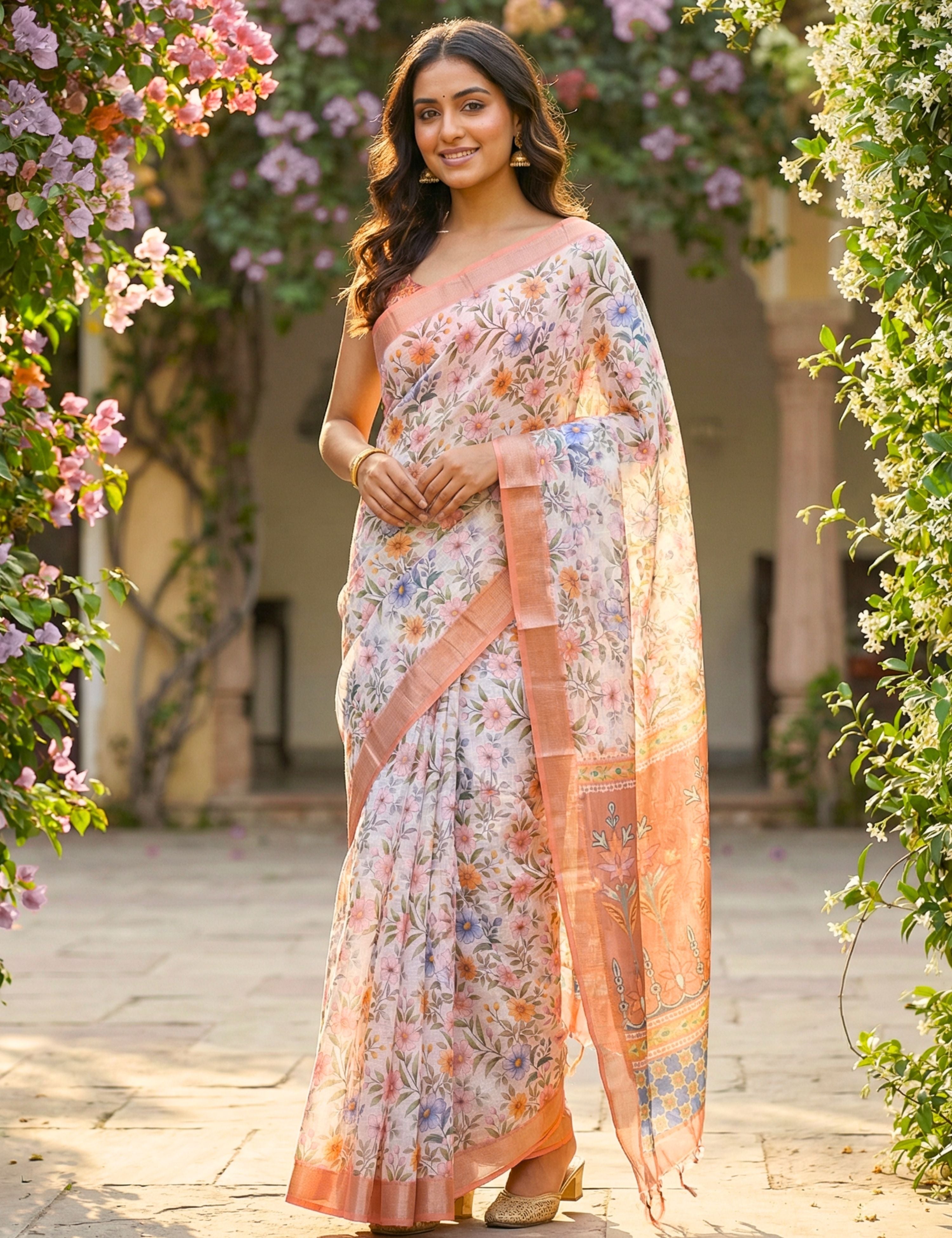 Floral Linen Blend Saree