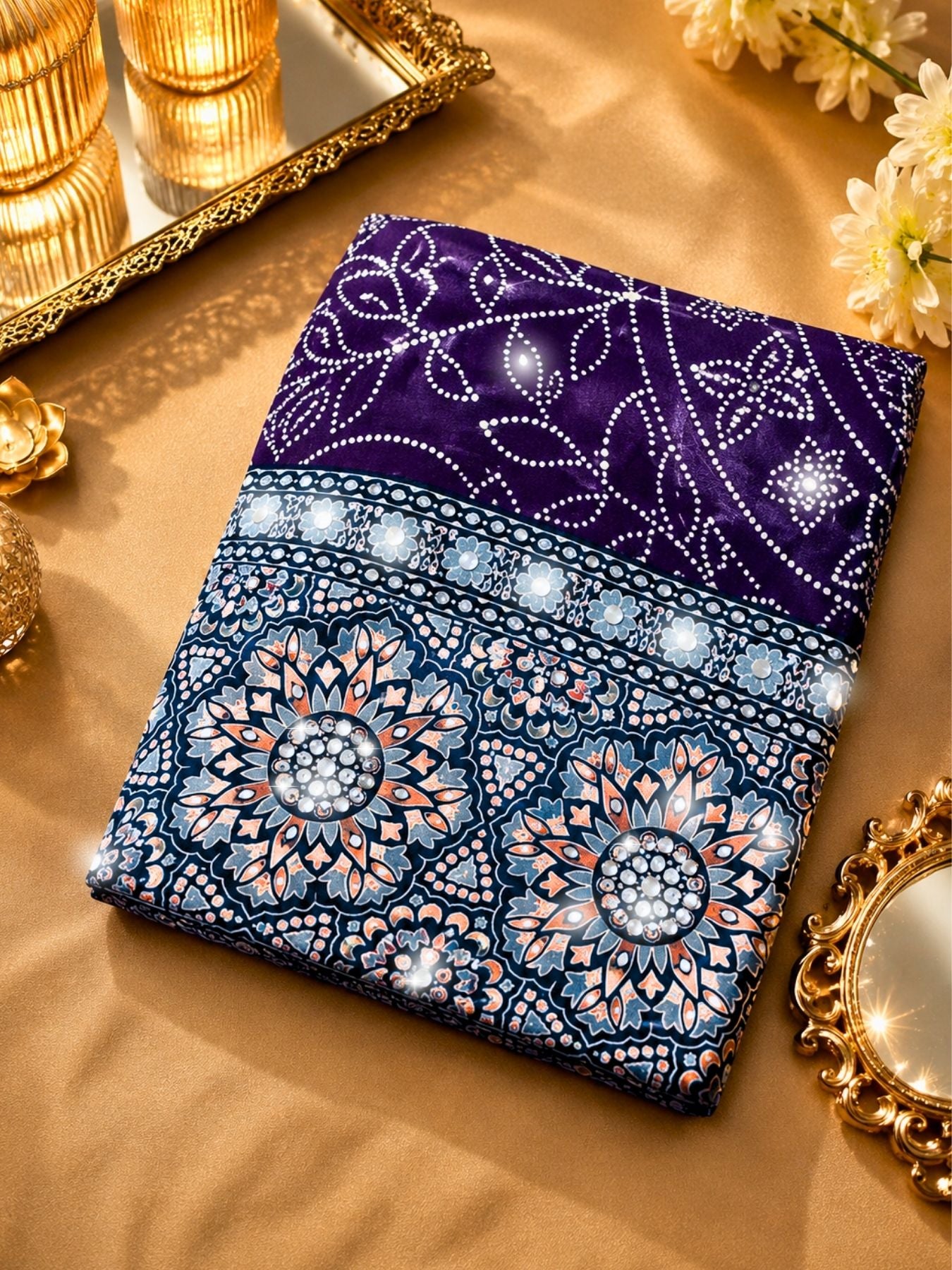 Ajrakh Crepe Silk Mirror Work Saree